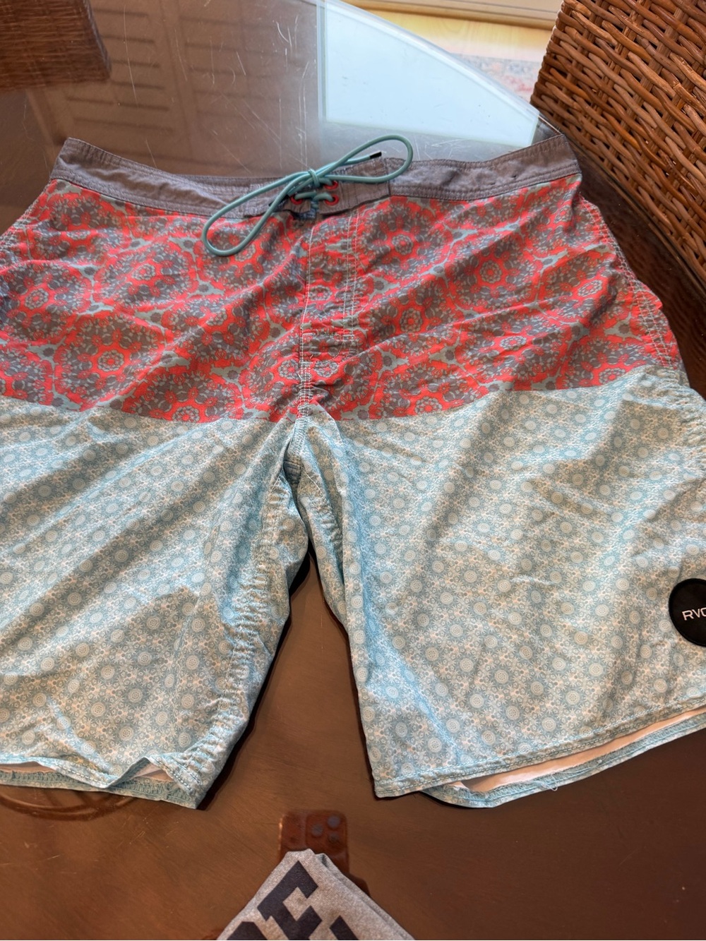 RVCA Coral Red and Light Blue Patterned Men’s Swim Board Shorts